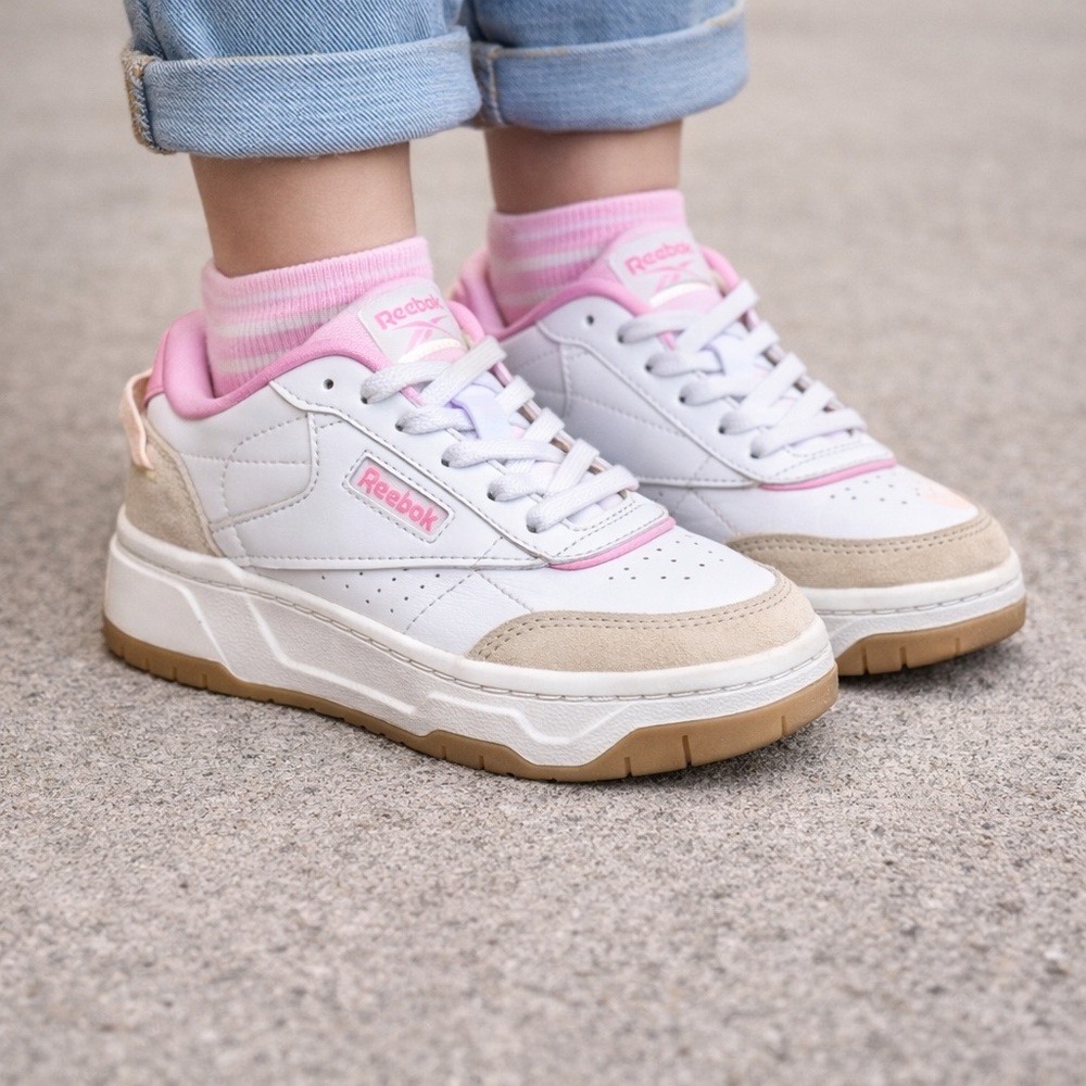 Reebok Tech Geo Girls Sneakers | White Pink Beige | Size 3
